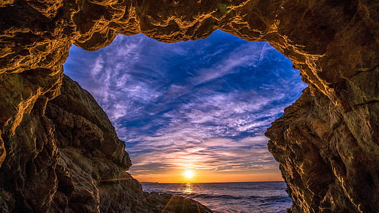небо, природа, скалы, формирование, морская пещера, пещера, солнце, облако, море, солнечный свет, закат, вода, HD обои HD wallpaper