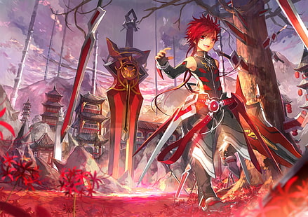 rudowłosy męski postać z anime z cyfrową tapetą miecz, anime, Elsword, postacie z gier wideo, miecz, ruda, Tapety HD HD wallpaper