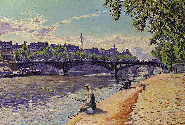 мост, река, картина, городской пейзаж, Гюстав Кариот, Гюстав Каир, Рыбачка, HD обои