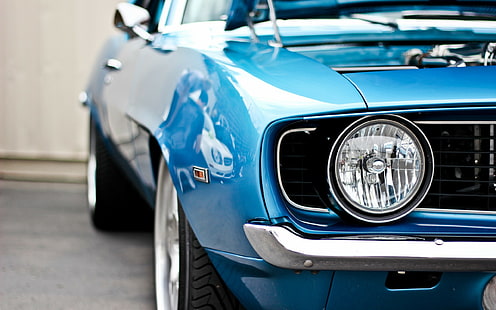 Amerikanska bilar, strålkastare, Chevrolet Camaro SS, 1969 Chevrolet Camaro SS, Chevrolet, muskelbilar, blå bilar, bil, HD tapet HD wallpaper