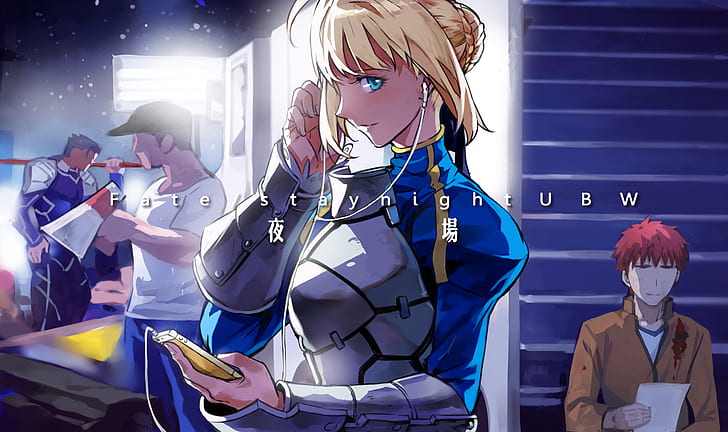 Série Fate, Fate / Stay Night, cheveux blonds, armure fantastique, filles anime, souriant, yeux bleus, Sabre, Arturia Pendragon, Lancer (Fate / Stay Night), Shirou Emiya, Fate / Stay Night: Unlimited Blade Works, smartphone, casque, anime, Fond d'écran HD