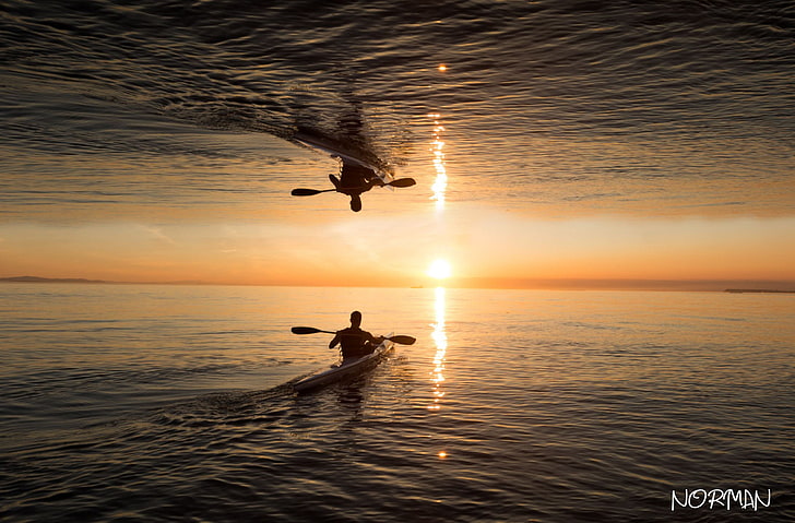 uomo su kayak riflesso foto modificata, Mar Baltico, riflesso, kayak, tramonto, ps, Sfondo HD
