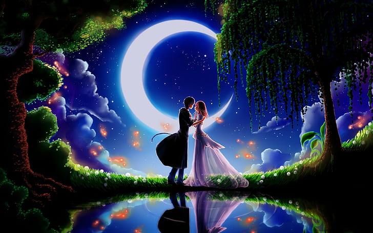 anime, 2560x1600, couple, love, night, moon, uktra hd, HD wallpaper