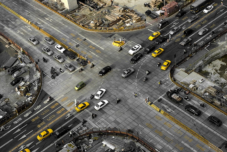 city urban selective coloring yellow taxi road aerial view traffic taiwan gray car taipei, HD wallpaper