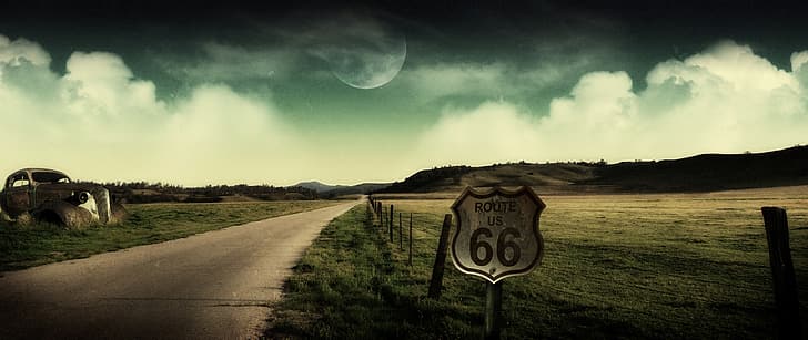Route 66, ultrawide, samochód, wrak, noc, Tapety HD