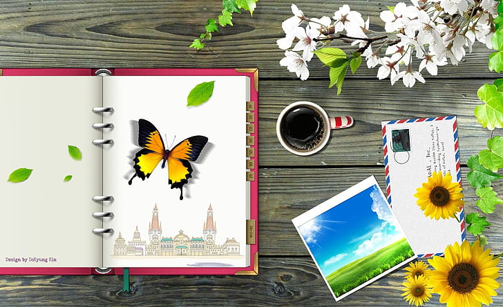 Desk, Aero, Creative, Spring, Butterfly, Coffee, Blossom, Envelope, Notebook, agenda, HD wallpaper