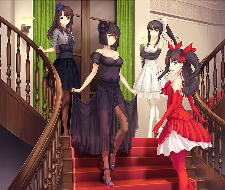 Fondo de pantalla de cuatro personajes femeninos de anime, Fate Series, Type-Moon, vestido, Tohsaka Rin, escaleras, chicas anime, anime, Fondo de pantalla HD