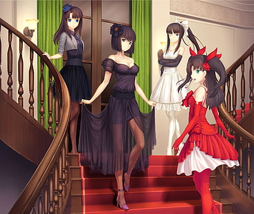 أربع شخصيات أنمي خلفية ، سلسلة Fate ، Type-Moon ، فستان ، Tohsaka Rin ، سلالم ، فتيات أنيمي ، أنيمي، خلفية HD HD wallpaper