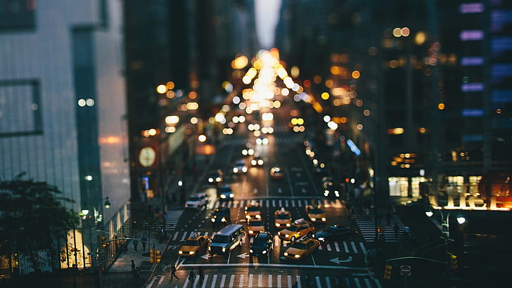 yellow vehicles, aerial photo of street full of cars, city, tilt shift, traffic, street, car, taxi, New York City, HD wallpaper