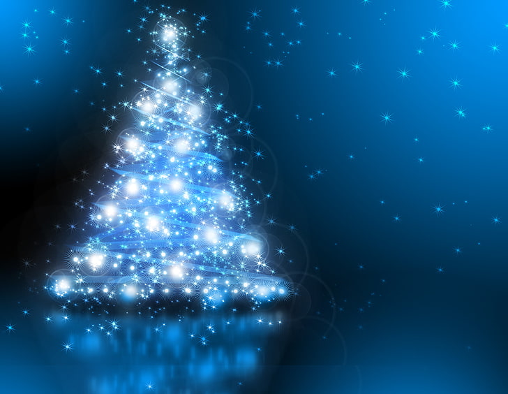 blue christmas tree wallpaper, reflection, holiday, tree, new year, lights, bright, HD wallpaper