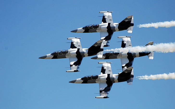 エアロL-39アルバトロス、白、青、黒の4つの迷彩ジェット機、航空機、1920x1200、エアロ、エアロL-39アルバトロス、 HDデスクトップの壁紙