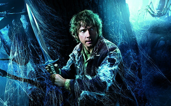 The Hobbit: The Desolation of Smaug, Bilbo, the hobbit sam, fantasy, poster, Bilbo, The Hobbit: The Desolation of Smaug, Martin man, hobbit sword, spiders, cobwebs, HD wallpaper