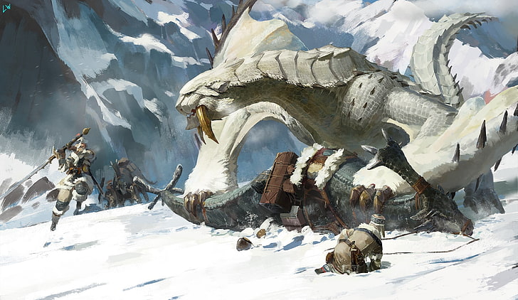 иллюстрация белого монстра, охотник на монстров, героическая фантазия, дракон, снег, HD обои