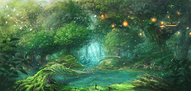 tapeta z lasem deszczowym, fantasy art, las, drzewa, ptaki, Tapety HD