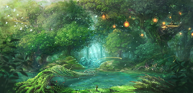 papier peint forêt tropicale, art fantastique, forêt, arbres, oiseaux, Fond d'écran HD HD wallpaper