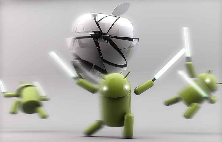 Android figurine, Android (operating system), lightsaber, iOS, laser swords, digital art, HD wallpaper