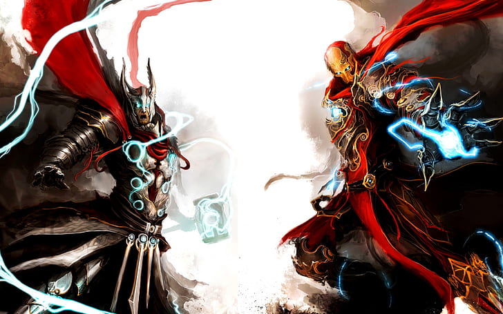 Marvel The Avengers, the mighty thor and ironman illustration, marvel, avenger, thor, torus, medieval, fight, HD wallpaper