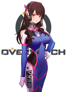 Overwatch kvinnlig karaktär tapet, Overwatch D.Va, anime, animeflickor, Overwatch, D.Va (Overwatch), bodysuit, hörlurar, långt hår, HD tapet HD wallpaper