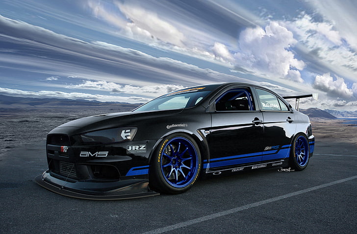 black and blue sports sedan, Mitsubishi, Lancer, Sky, Evolution X, HD wallpaper
