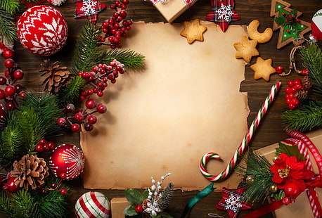 decoration, New Year, Christmas, gifts, wood, gift box, Merry, fir tree, fir-tree branches, HD wallpaper HD wallpaper