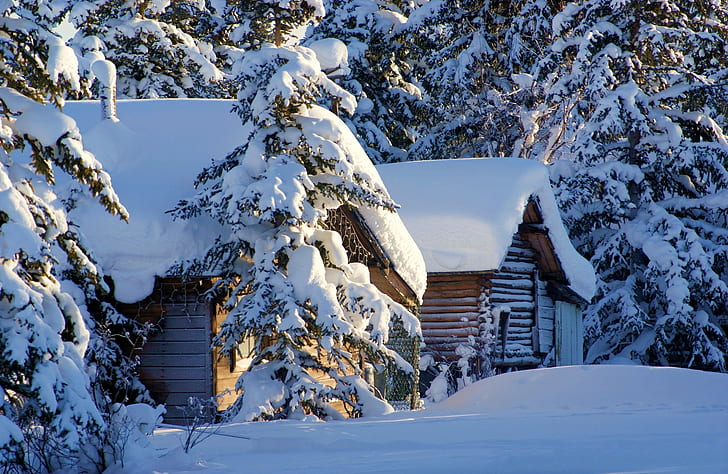 inverno, neve, estações, cabana, HD papel de parede