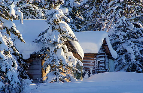 winter, snow, seasons, hut, HD wallpaper HD wallpaper
