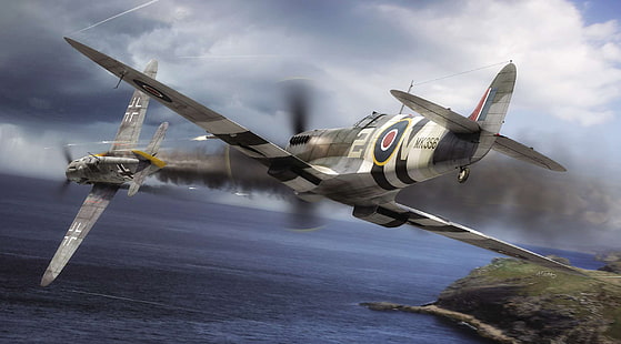 Messerschmitt, Air Force, WW2, Royal Air Force, Painting, Dogfight, Spitfire F.Mk.IX, Bf.109G-6, HD tapet HD wallpaper