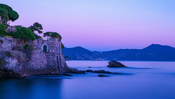Italy, Liguria, Nervi, purple sunset, HD wallpaper
