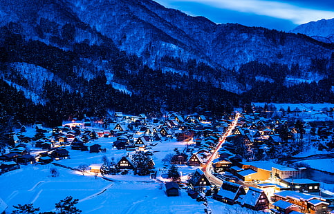 white mountain, winter, snow, mountains, night, lights, home, Japan, valley, the island of Honshu, Gokayama, Shirakawa-go, HD wallpaper HD wallpaper