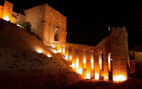 buildings, castle, light, man made, night, stones, syria, HD wallpaper HD wallpaper