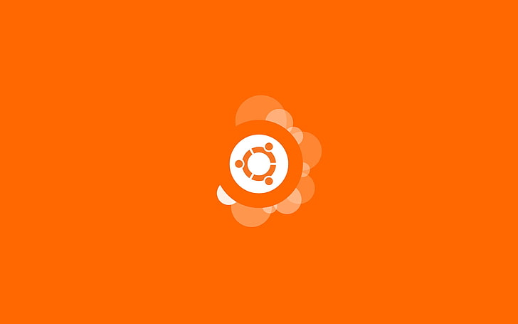 주황색과 흰색 세 개의 점선 로고, 우분투, 주황색, 운영 체제, 로고, 미니멀리즘, 주황색 배경, HD 배경 화면
