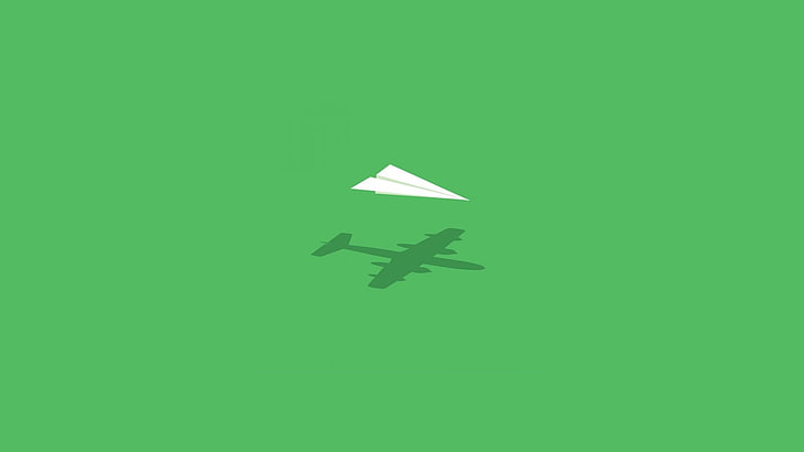 иллюстрация самолета белого самолета, бумажный самолет на зеленой поверхности, простой, абстрактный, бумажные самолетики, самолет, зеленый, простой фон, зеленый фон, HD обои