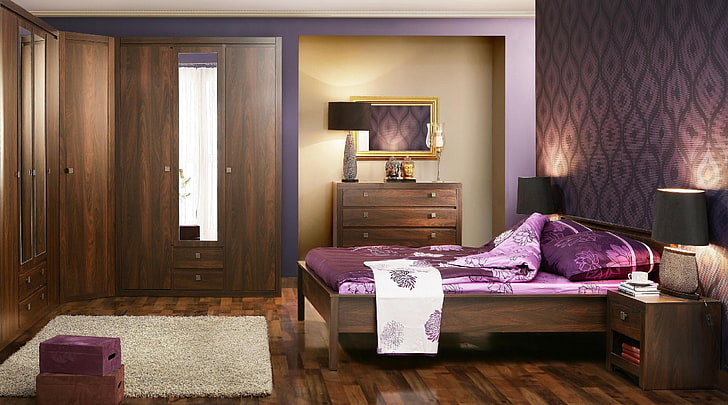 brązowa drewniana szafka 3-drzwiowa z lustrem i 2-szufladową komodą, aranżacja wnętrz, styl, projekt, dom, mieszkanie, pokój, sypialnia, Tapety HD