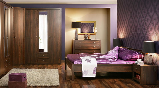 коричневый деревянный 3-дверный шкаф с зеркалом и комодом с 2 ящиками, дизайн интерьера, стиль, дизайн, дом, квартира, комната, спальня, HD обои HD wallpaper