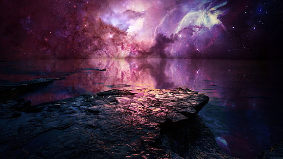 Gewässer digitale Tapete, Kunstwerk, Fantasy-Kunst, Konzeptkunst, Science-Fiction, Planet, Nebel, Himmel, Sterne, HD-Hintergrundbild HD wallpaper