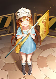 Hataraku Saibou, Blutplättchen-Chan, langes Haar, braune Augen, Anime-Mädchen, Stiefel, HD-Hintergrundbild HD wallpaper