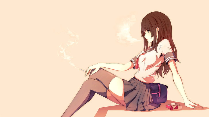 braunhaariger weiblicher Anime-Charakter, sitzende Illustration des braunhaarigen Anime-Mädchens, Rauchen, Anime-Mädchen, Schuluniform, Merontomari, Schenkel-Höhen, einfacher Hintergrund, HD-Hintergrundbild