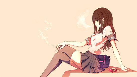 brunhårig kvinnlig anime karaktär, brunhårig anime flicka sitter illustration, rökning, animeflickor, skoluniform, Merontomari, lårhöga, enkel bakgrund, HD tapet HD wallpaper