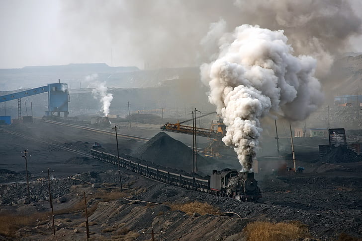 Kopalnia węgla, przemysłowa, pociąg parowy, pociąg, pojazd, Tapety HD