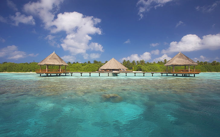 three brown wooden dock gazebos, beach, island, tropical, HD wallpaper