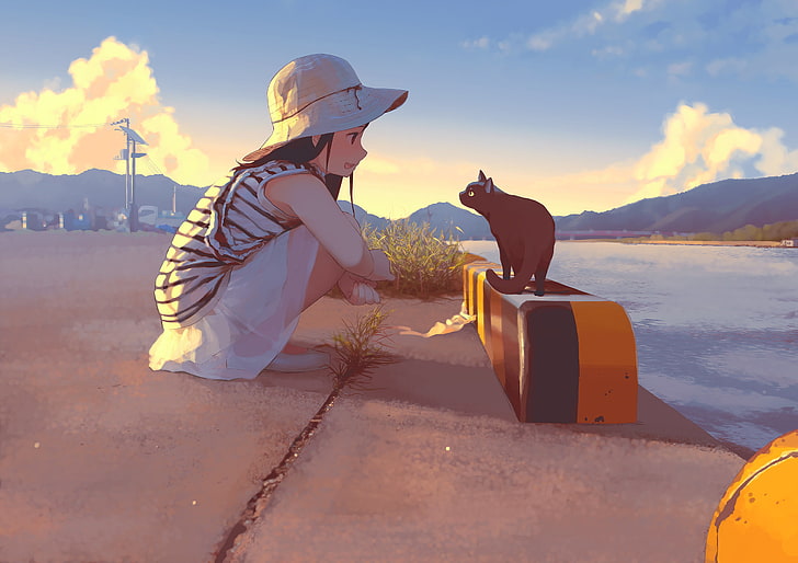 cat, hat, river, sunset, original characters, anime girls, HD wallpaper