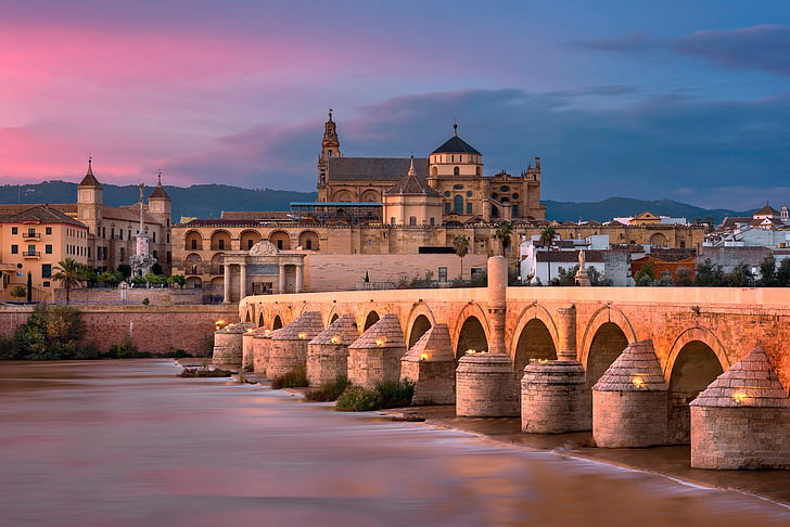 the sky, bridge, lights, river, home, glow, architecture, Spain, Cordoba, Roman bridge, HD wallpaper