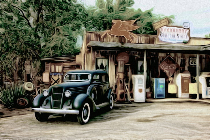 Vehicles, Artistic, Black Car, Oil Painting, Painting, Vehicle, Vintage Car, HD wallpaper