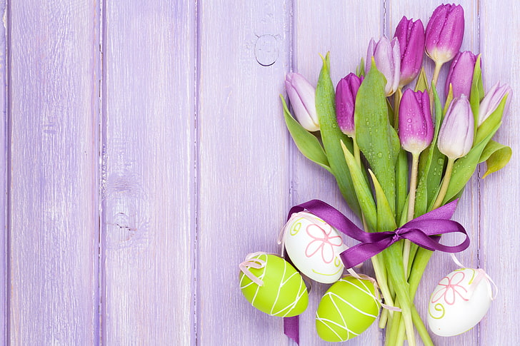 紫のチューリップの花、花、卵、イースター、チューリップ、春、 HDデスクトップの壁紙