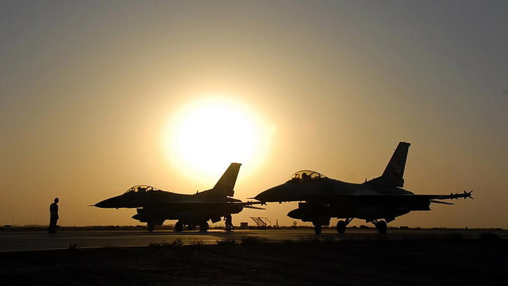военен самолет, самолет, джетове, силует, слънце, General Dynamics F-16 Fighting Falcon, самолет, HD тапет