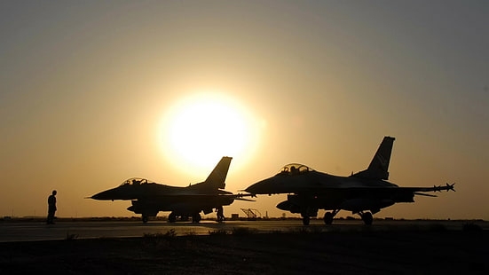 samoloty wojskowe, samoloty, odrzutowce, sylwetka, słońce, General Dynamics F-16 Fighting Falcon, samoloty, Tapety HD HD wallpaper