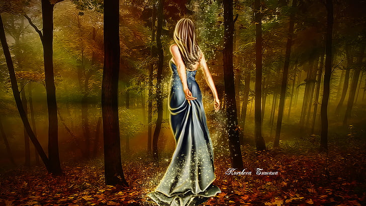 arte, otoño, espalda, vestido, bosque, niña, cabello, hojas, luces, magia, árboles, Fondo de pantalla HD