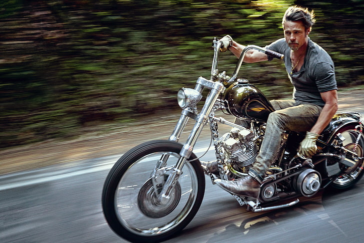 black and gray chopper motorcycle, road, motorcycle, actor, male, Brad Pitt, riding, HD wallpaper