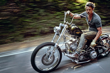 black and gray chopper motorcycle, road, motorcycle, actor, male, Brad Pitt, riding, HD wallpaper HD wallpaper