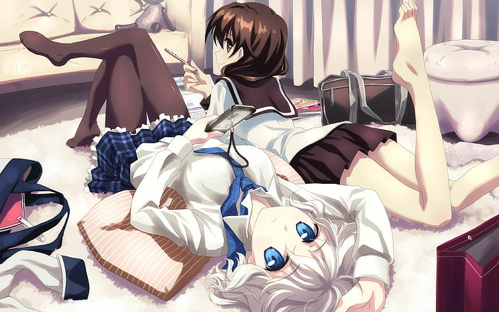 Anime, Girl, Bag, Lying Down, Pantyhose, Skirt, Smile, Tie, HD wallpaper